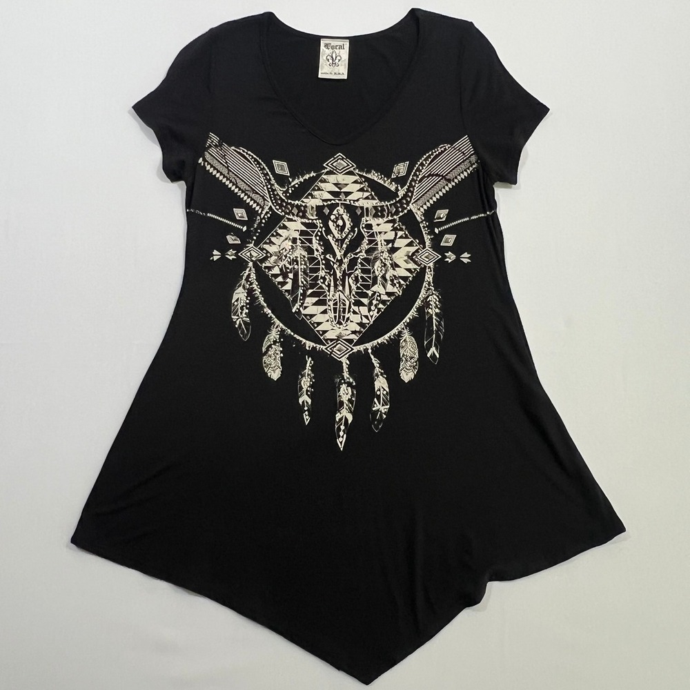Vocal Top Womens XL Black Rhinestone Cow Skull Geometric Feathers Handkerchief
